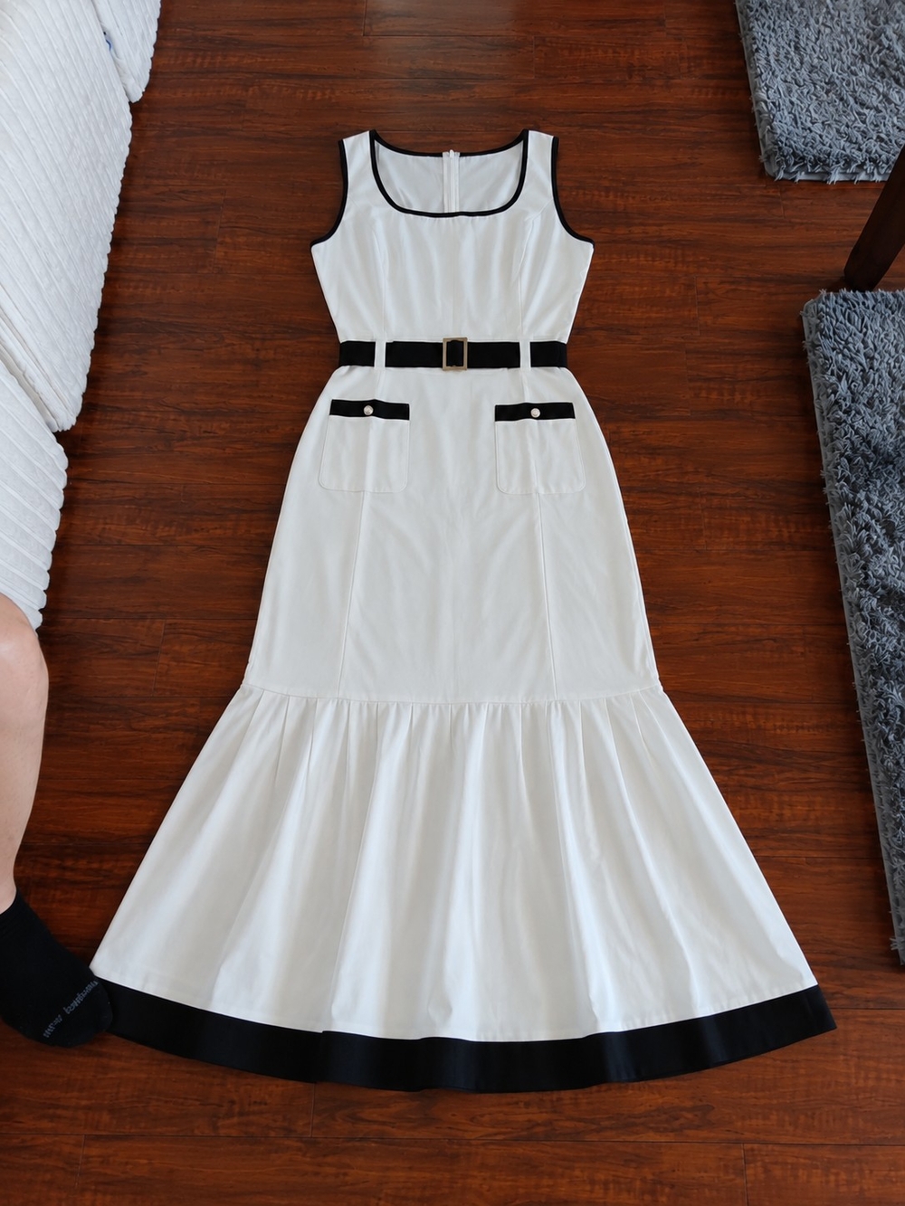 Sleeveless White Maxi Dress with Black Trim and Belt